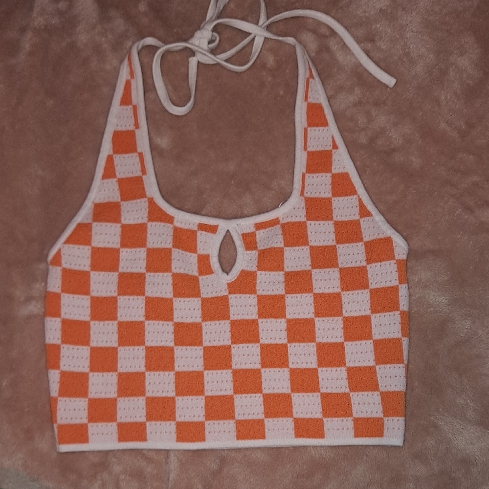 Cotton Candy Orange and White Checkered Crop Top